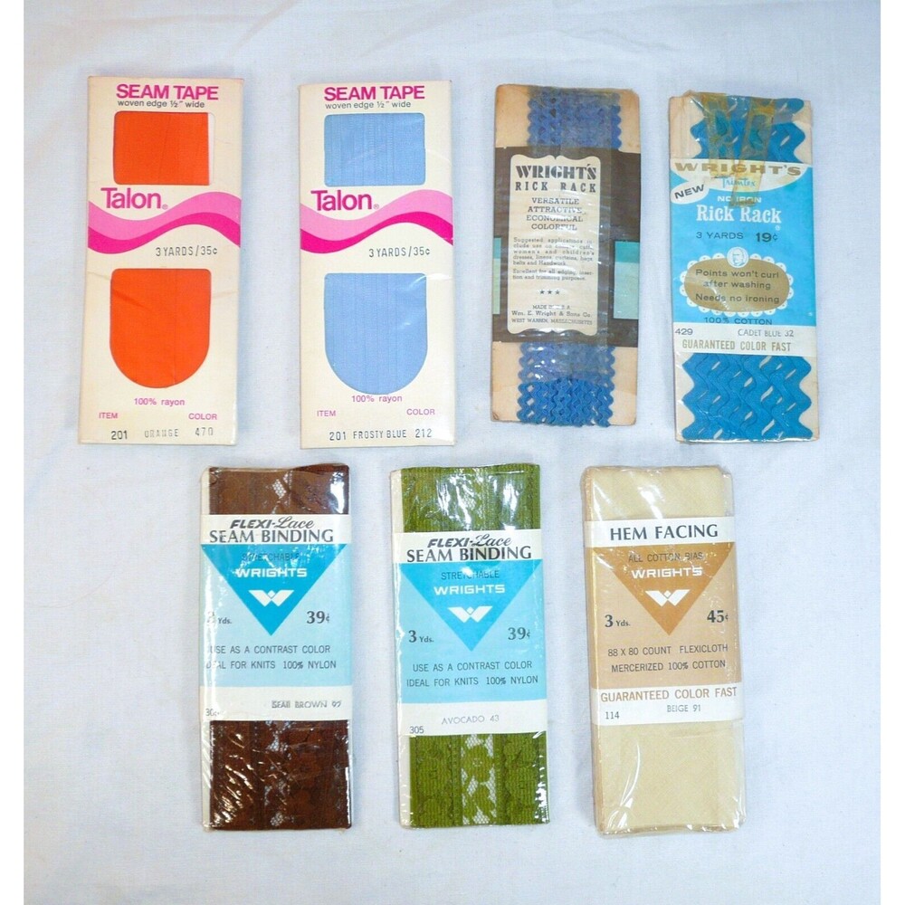 VTG Sewing Notions Lot of 7 - Seam Tape, Rick Rack, Lace Binding, Wrights Talon